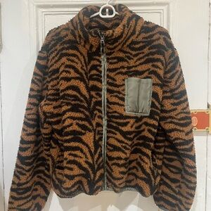 Plush Zebra Print Fleece Jacket - Black and Brown